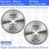 2 Pack - 255mm x 80T TCT Circular Wood Saw Blade. Fits Bosch Makita Dewalt Circular Saws Etc