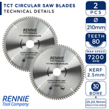 2 Pack - 210mm x 80T TCT Circular Wood Saw Blades. Fits Festool Bosch Makita Dewalt Circular Saws Etc