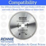 3 Pack - 250mm x 80T TCT Circular Wood Saw Blade. Fits Bosch Makita Dewalt Circular Saws Etc
