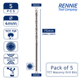 Pack Of 5 - TCT Tipped Masonry Drill Bits Straight Shank
