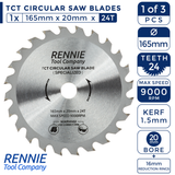 3 Pack - 165mm x 24T 48T & 60T TCT Cordless Circular Wood Saw Blades With A Thin Kerf. Fits Trend Bosch Makita Ryobi Dewalt Circular Saws etc