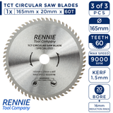 3 Pack - 165mm x 24T 48T & 60T TCT Cordless Circular Wood Saw Blades With A Thin Kerf. Fits Trend Bosch Makita Ryobi Dewalt Circular Saws etc
