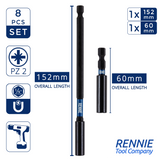 8 Piece Extra Long PZ2 Magnetic Impact Screwdriver Bits Set With Impact Bit Holders