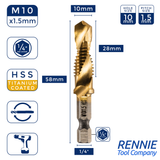 M10 x 1.5 Combination Tap And Drill Bits HSS Titanium Coated. 1/4" Hex Shank