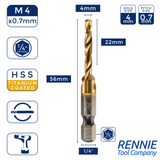 M4 x 0.7 Combination Tap And Drill Bits HSS Titanium Coated. 1/4" Hex Shank