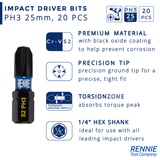 20 Pack PH3 x 25mm Impact Screwdriver Bits Set Phillips #3