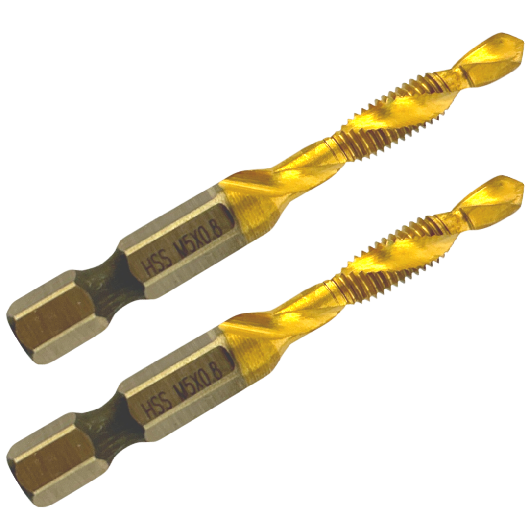 Uxcell Combination Drill And Tap Bit, 1/4" Hex Shank M5 X 0.8 Metric Titanium Coated High Speed Steel 4341 Spiral Flute Drilling Tapping Tool Extra Long 2pcs