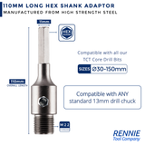 M22 Thread Hex Shank TCT Core Drill Adapters / Extension Bars