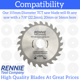 115mm x 24T TCT Circular Wood Saw Blade Fits Bosch, Festool, Makita, Worx, Balck & Decker etc