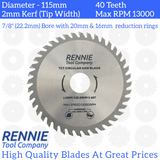 3 Pack -  115mm x 40T TCT Circular Wood Saw Blades Fits Bosch, , Dewalt, Festool, Makita, Worx, Balck & Decker etc