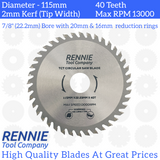 3 Pack -  115mm x 40T TCT Circular Wood Saw Blades Fits Bosch, Dewalt, Festool, Makita, Worx, Balck & Decker etc