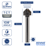 1/2" Diameter x 1/4" Shank x 108 Degree V-Groove Bit - For ACM, Dibond, Aluminium Folding etc