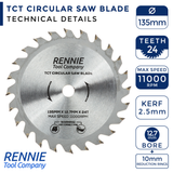 135mm x 24T TCT Circular Wood Saw Blades Fits Bosch, Makita, Black & Decker, Dewalt etc