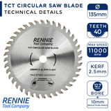 135mm x 40T TCT Circular Wood Saw Blade Fits Bosch, Makita, Black & Decker, Dewalt etc