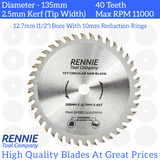 135mm x 40T TCT Circular Wood Saw Blade Fits Bosch, Makita, Black & Decker, Dewalt etc