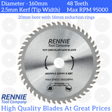 160mm x 48T TCT Circular Wood Saw Blade Fits Bosch, Makita, Black & Decker, Dewalt, Festool TS55 etc