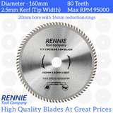 160mm x 80T TCT Circular Wood Saw Blade Fits Bosch, Makita, Black & Decker, Dewalt, Festool TS55 etc