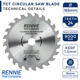 165mm x 24T TCT Cordless Circular Wood Saw Blade With Thin Kerf. Fits Bosch Makita Ryobi Dewalt Circular Saws etc