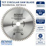 165mm x 60T TCT Cordless Circular Wood Saw Blade With Thin Kerf. Fits Bosch Makita Ryobi Dewalt Circular Saws etc