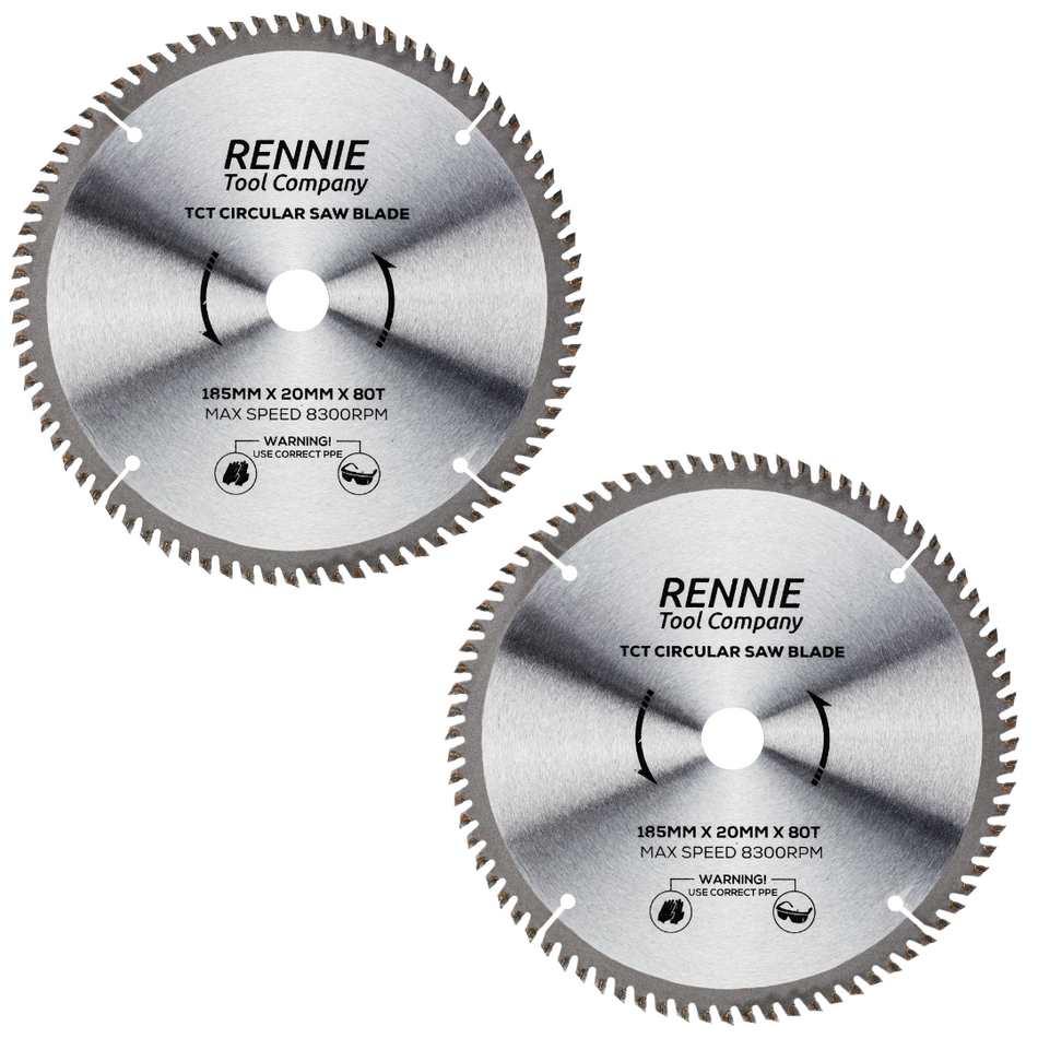 2 Pack - 185mm x 20mm Bore x 80T TCT Saw Blade Fits Evolution Bosch Makita Ryobi Dewalt Circular Saws Etc