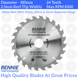 185mm x 24T TCT Circular Wood Saw Blade. Fits Evolution Bosch Makita Ryobi Dewalt Circular Saws Etc