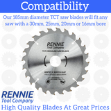 185mm x 24T TCT Circular Wood Saw Blade. Fits Evolution Bosch Makita Ryobi Dewalt Circular Saws Etc