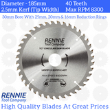 185mm x 40T TCT Circular Wood Saw Blade. Fits Evolution Bosch Makita Ryobi Dewalt Circular Saws Etc