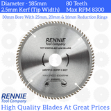 185mm x 80T TCT Circular Wood Saw Blade. Fits Evolution Bosch Makita Ryobi Dewalt Circular Saws Etc