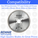 2 Pack - 185mm x 80T TCT Circular Wood Saw Blades. Fits Evolution Bosch Makita Ryobi Dewalt Circular Saws Etc