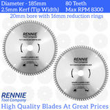 2 Pack - 185mm X 20mm Bore X 80t Tct Saw Blade for Circular Saws