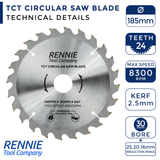 185mm x 24T TCT Circular Wood Saw Blade. Fits Evolution Bosch Makita Ryobi Dewalt Circular Saws Etc