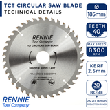 185mm x 40T TCT Circular Wood Saw Blade. Fits Evolution Bosch Makita Ryobi Dewalt Circular Saws Etc