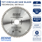 185mm x 60T TCT Circular Wood Saw Blade. Fits Evolution Bosch Makita Ryobi Dewalt Circular Saws Etc