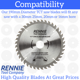 190mm x 40T TCT Circular Wood Saw Blade. Fits Bosch Makita Ryobi Dewalt Circular Saws Etc