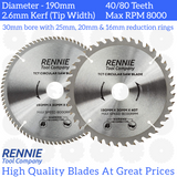 2 Pack - 190mm x 40T & 80T TCT Circular Wood Saw Blades. Fits Evolution Bosch Makita Ryobi Dewalt Circular Saws Etc