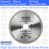 2 Pack - 190mm x 80T TCT Circular Wood Saw Blades. Fits Evolution Bosch Makita Ryobi Dewalt Circular Saws Etc