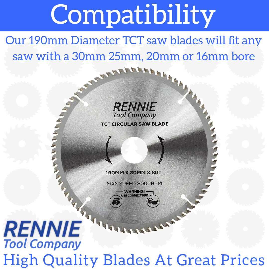 190mm x 80T TCT Circular Wood Saw Blade. Fits Bosch Makita Ryobi Dewal