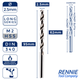 1 x DIN340 HSS Long Series Jobber Drill Bit M2 Fully Ground