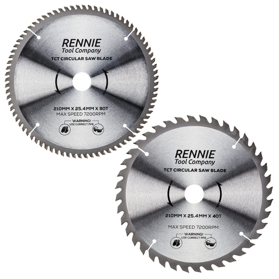 2 Pack - 210mm x 25.4mm Bore x 40T & 80T TCT Circular Wood Saw Blade Fits Evolution Saws