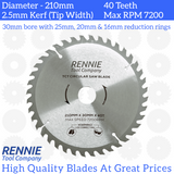 210mm x 40T TCT Circular Wood Saw Blade. Fits Festool Bosch Makita Dewalt Circular Saws Etc