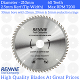 210mm x 60T TCT Circular Wood Saw Blade. Fits Festool Bosch Makita Dewalt Circular Saws Etc