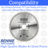 210mm x 60T TCT Circular Wood Saw Blade. Fits Festool Bosch Makita Dewalt Circular Saws Etc