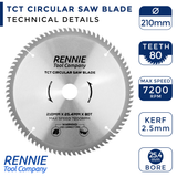210mm x 25.4mm Bore x 80T TCT Circular Wood Saw Blade Fits Evolution Saws & Evolution Rage Saws