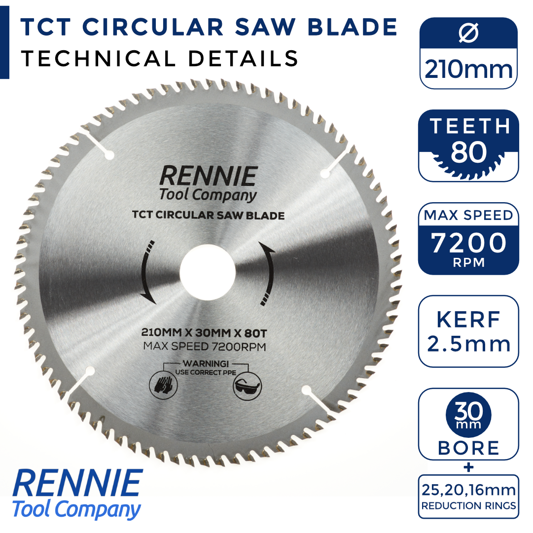 210mm x 80T TCT Circular Wood Saw Blade Rennie Tools