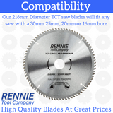 216mm x 80T TCT Circular Wood Saw Blade. Fits Multipler Saws.