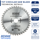 216mm x 40T TCT Circular Wood Saw Blade. Fits Festool Bosch Makita Dewalt Circular Saws Etc