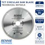 216mm x 80T TCT Circular Wood Saw Blade. Fits Festool Bosch Makita Dewalt Circular Saws Etc