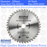 250mm x 40T TCT Circular Wood Saw Blade. Fits Bosch Makita Dewalt Circular Saws Etc