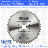 250mm x 60T TCT Circular Wood Saw Blade. Fits Bosch Makita Dewalt Circular Saws Etc