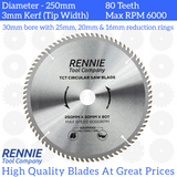 250mm x 80T TCT Circular Wood Saw Blade. Fits Bosch Makita Dewalt Circular Saws Etc